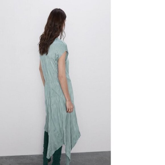 NWT ZARA Green New Midi Asymmetric Wrinkle Look Cocktail Dress SMALL - Picture 3 of 6